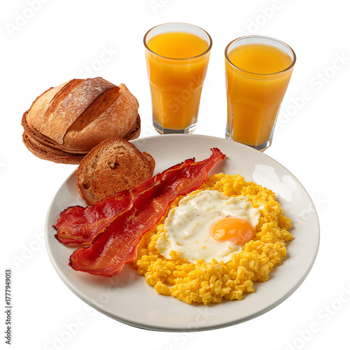 Delicious Breakfast Plate With Eggs, Bacon, Toast, and Orange Juice on a Table