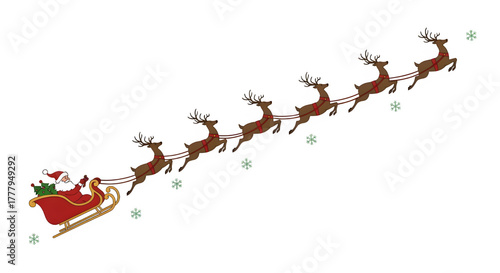 Santa claus riding in his sleigh pulled by reindeer flying through the night sky isolated on transparent background
