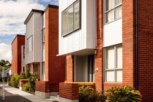 Modern red brick townhouses lined along a quiet street showcase contemporary design and vibrant greenery in a suburban neighborhood