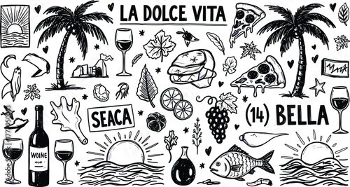 La dolce vita italian lifestyle collection of hand drawn illustrations and symbols