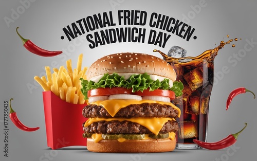 National Sandwich Day, Juicy fried chicken burger with fries celebrating National Sandwich Day.