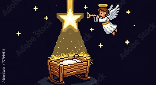 Pixel art 8-bit Star of Bethlehem shining down on an empty cradle without Jesus, with an angel above in the sky blowing a musical trumpet — creative Nativity art in retro video game style.