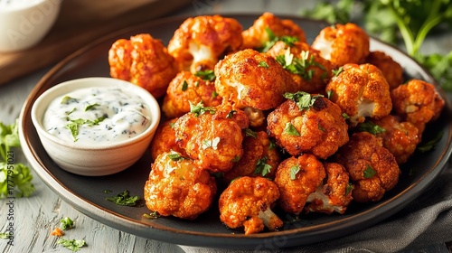 Savory buffalo cauliflower bites with creamy dip, garnished with fresh parsley on a dark plate, healthy snack
