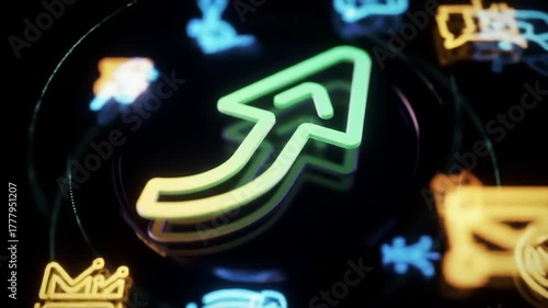 Dynamic Neon Arrow Pointing Upwards Surrounded by Glowing Digital Icons Representing Growth Success and Online Engagement in a Dark Futuristic Environment.