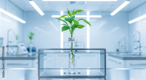 Eco science growth in lab for sustainable solutions, vibrant green plant in test tube representing innovative research and environmental responsibility