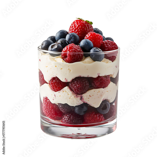 Fresh Berry Dessert Layered With Cream in a Clear Glass Cup on a White Backgr...