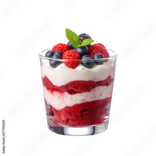 Fresh Berry Dessert Layered With Cream in a Clear Glass Cup on a White Backgr...