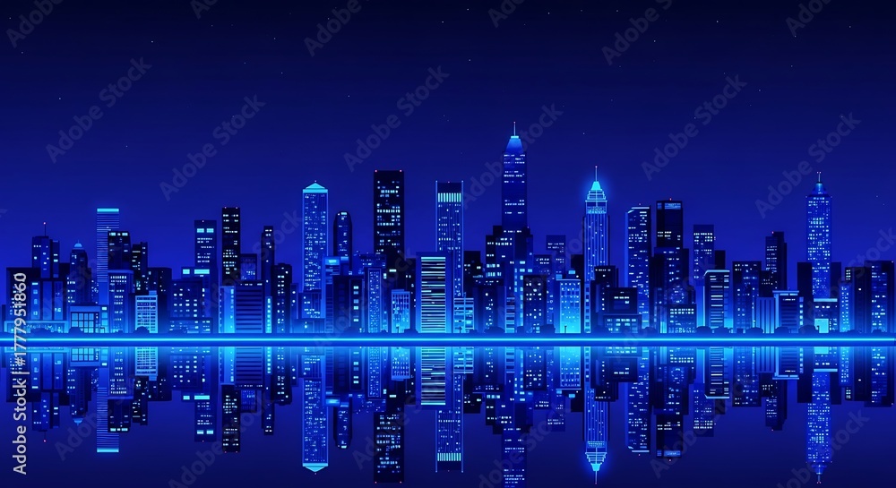 Obraz premium Vibrant blue cityscape with stunning reflections shimmering at twilight, perfect for futuristic tech or innovative urban development designs