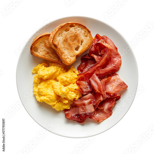 Breakfast Plate With Scrambled Eggs, Bacon, and Toast Served on a White Dish