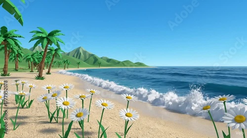 Animated tropical beach scene with daisies, palm trees, blue ocean, and distant mountains