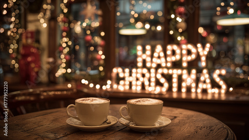 Warm indoor café scene with a glowing Happy Christmas sign on the wall, steaming mugs of cocoa on the table, bokeh Christmas lights