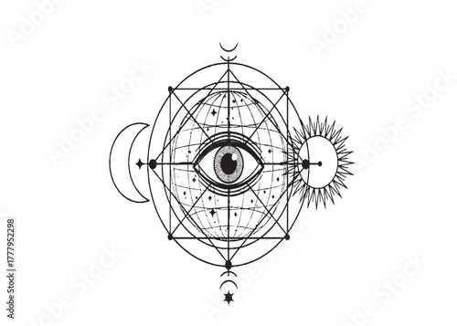 Mystic Geometric Eye with Sun and Moon — Sacred Geometry and Spiritual Symbolism
