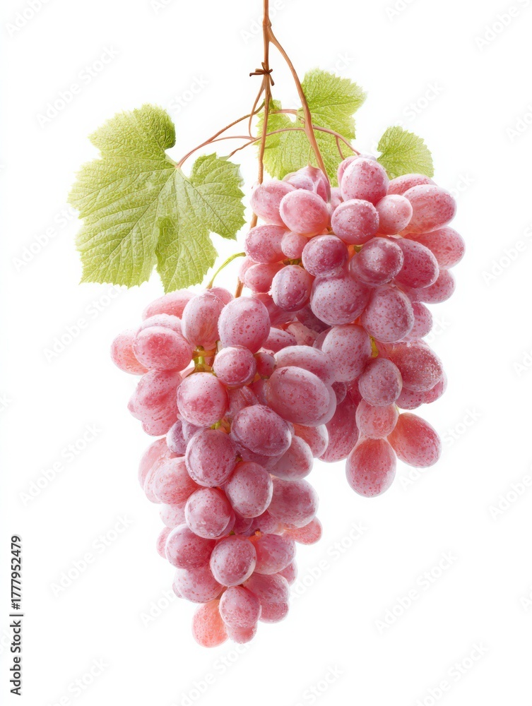 Fototapeta premium Juicy Cluster of Grapes: A close-up view of a vibrant bunch of ripe, red grapes, showcasing their succulent texture, along with the fresh green leaves and stem.