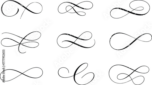 Collection of nine hand drawn decorative flourishes and ornate scroll elements in black ink on white background