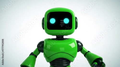 Friendly Green Robot Waving Hello or Goodbye with Glowing Blue Eyes on a Clean White Background Representing AI Technology and Future Interactions.