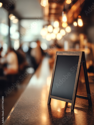 A blank board sits on a polished counter in a coffee shop