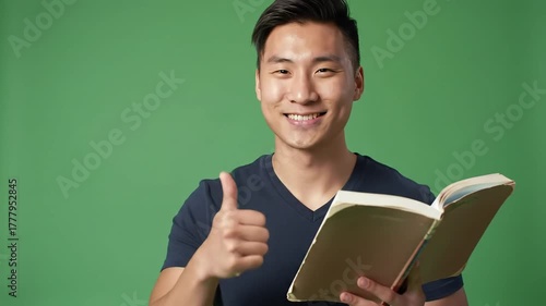 Happy young Asian man smiling and giving a thumbs up while holding an open book standing against a vibrant green screen background perfect for educational or positive content.