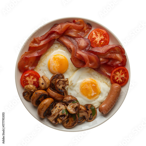 Tasty Breakfast Plate With Eggs, Bacon, Sausages, Mushrooms, Tomatoes, and To...