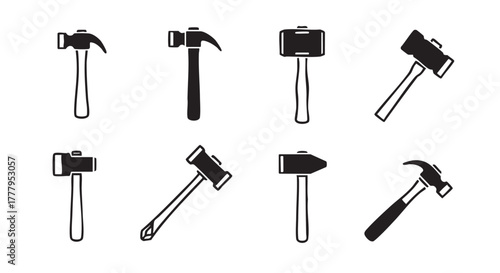 Hammer icons set in black and white for carpentry related purposes