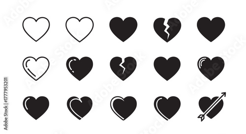 Heart icons in black and white for love concepts design