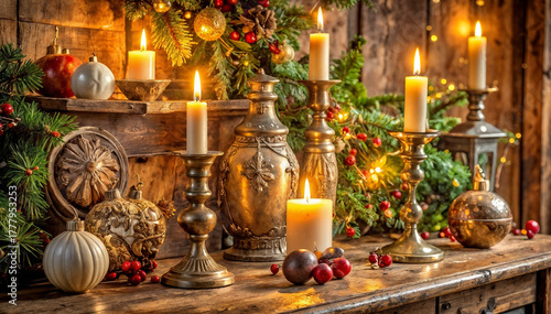 Antique Christmas decor with candles, ornaments, and greenery on rustic wooden surface