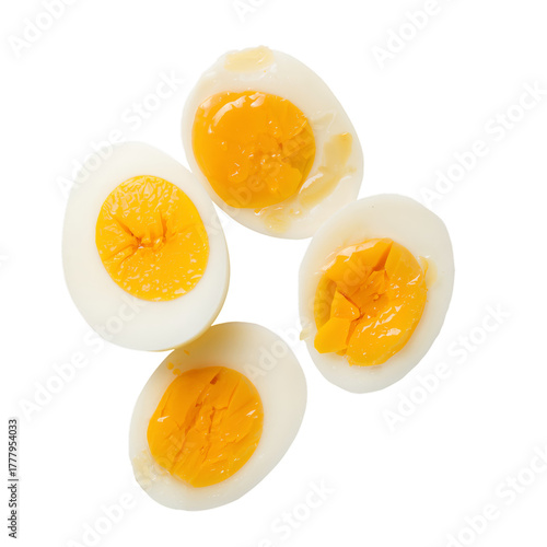 Perfectly Cooked Soft Boiled Eggs Arranged Neatly on a White Background