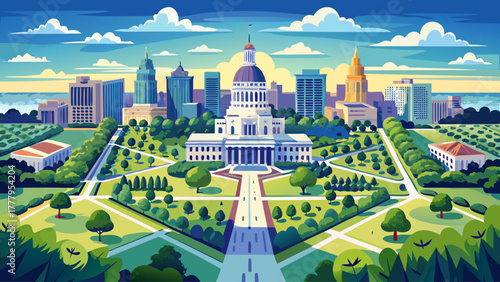 Very beautiful aerial drone photo of State Capitol Park in Baton Rouge, Louisiana, USA, showcasing the iconic Louisiana State Capitol building surrounded by lush greenery, walking paths, and urban lan