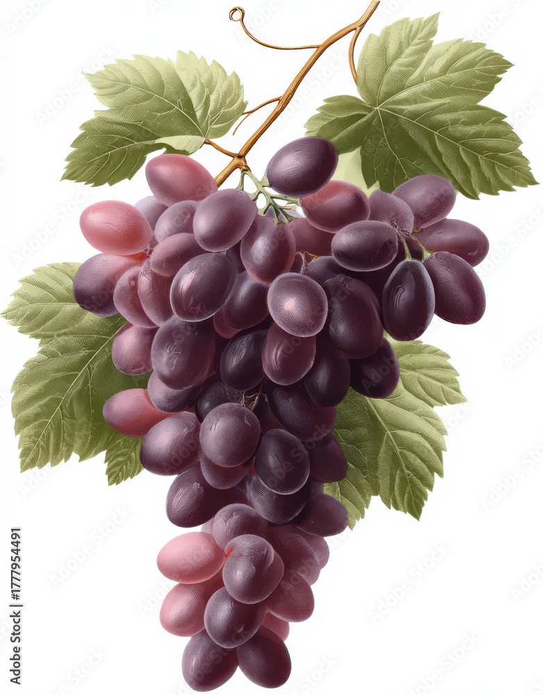 Fototapeta premium Grape Cluster: A vibrant cluster of ripe, juicy grapes, a testament to nature's bounty and culinary delight, showcased with leaves. 