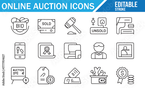 Modern icons for mobile auction apps, payments, and online shopping.
