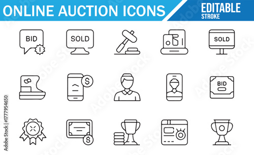 Thin line illustration set showing digital bidding and auction tools.
