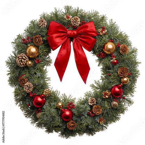 Holiday Wreath With Red Bow and Ornaments for Festive Decoration