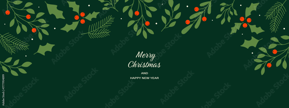Fototapeta premium Christmas New Year banner with leaves, branches, and berries.