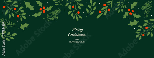 Christmas New Year banner with leaves, branches, and berries.