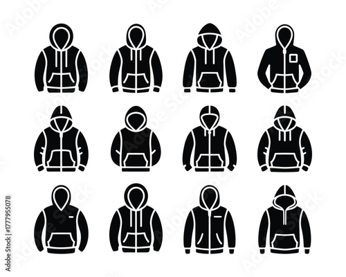 Collection of Hooded Sweatshirts in Simple Black Vector Style