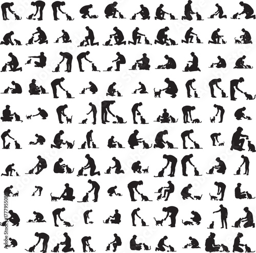 Silhouette of a man feeding cat isolated on white background