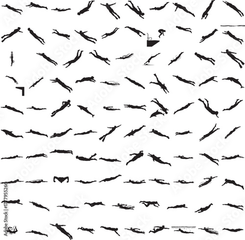 Silhouette of a person diving underwater isolated on white background