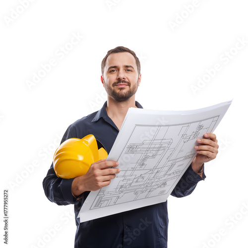 Construction Worker Holding Blueprints With a Hard Hat, Showcasing a Professi...