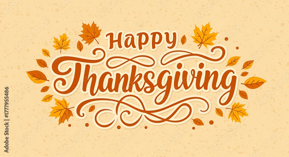 Obraz premium Happy thanksgiving decorative text with autumn leaves and swirls