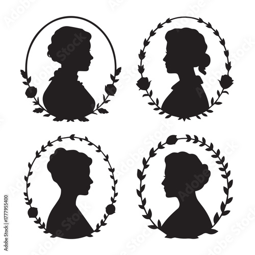 Collection of four elegant woman silhouette portraits isolated on white background