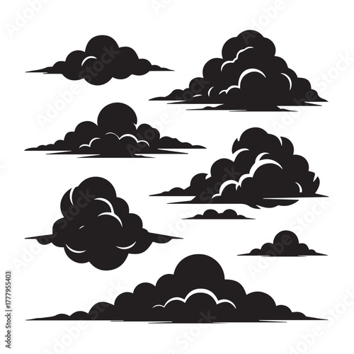 Collection of various cloud shapes in black isolated on white background