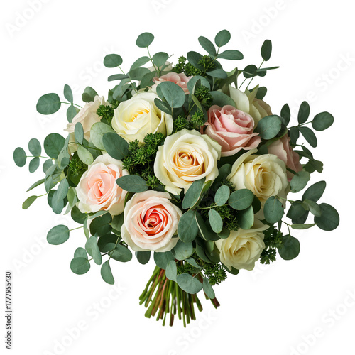 Beautiful Bouquet of White Roses and Eucalyptus Leaves Arranged for a Special...