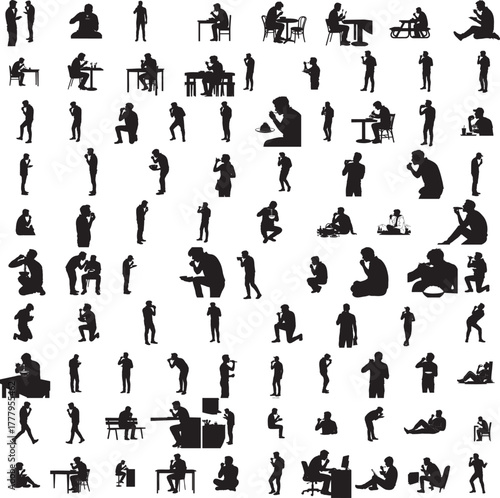 Silhouette of a person eating isolated on white background