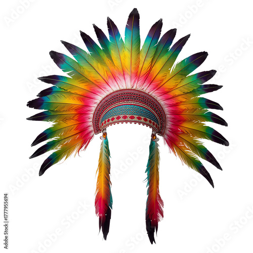Colorful Feather Headdress With Intricate Design Displayed on a White Background