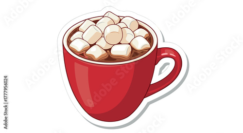 Cozy red mug filled with hot chocolate and marshmallows on white background