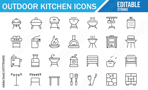 Outline vector of outdoor kitchen setup, oven, and fire pit accessories.