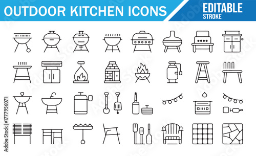 Set of minimal icons featuring garden cooking tools, smoker, and meat grill.