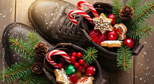 A pair of old leather boots filled with christmas treats, including candy canes, gingerbread cookies, and ornaments, creating a nostalgic and festive holiday scene on a rustic wooden surface