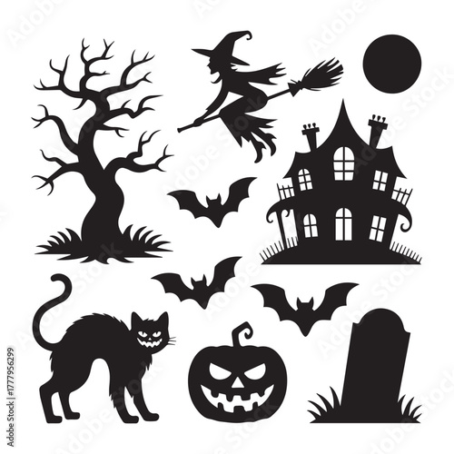 Spooky halloween silhouette scene with witch, haunted house isolated on white background
