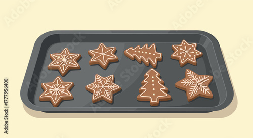 Festive gingerbread cookies with icing on baking tray
