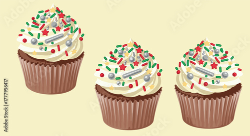Festive cupcake trio with colorful sprinkles and star toppers on cream frosting